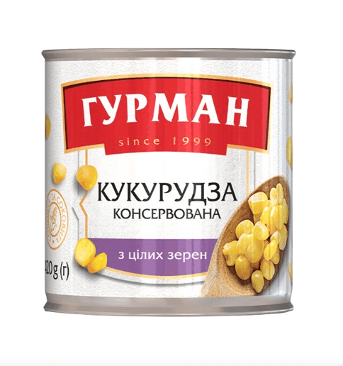 Кукурудза цукрова консервована ГУРМАН, з цілих зерен, стерилізована, сорт вищий, 420г